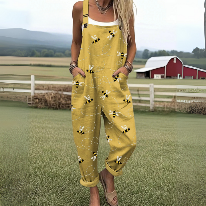 Women's Flying Bees Embroidery Pattern Casual Cotton Wide Leg Jumpsuit