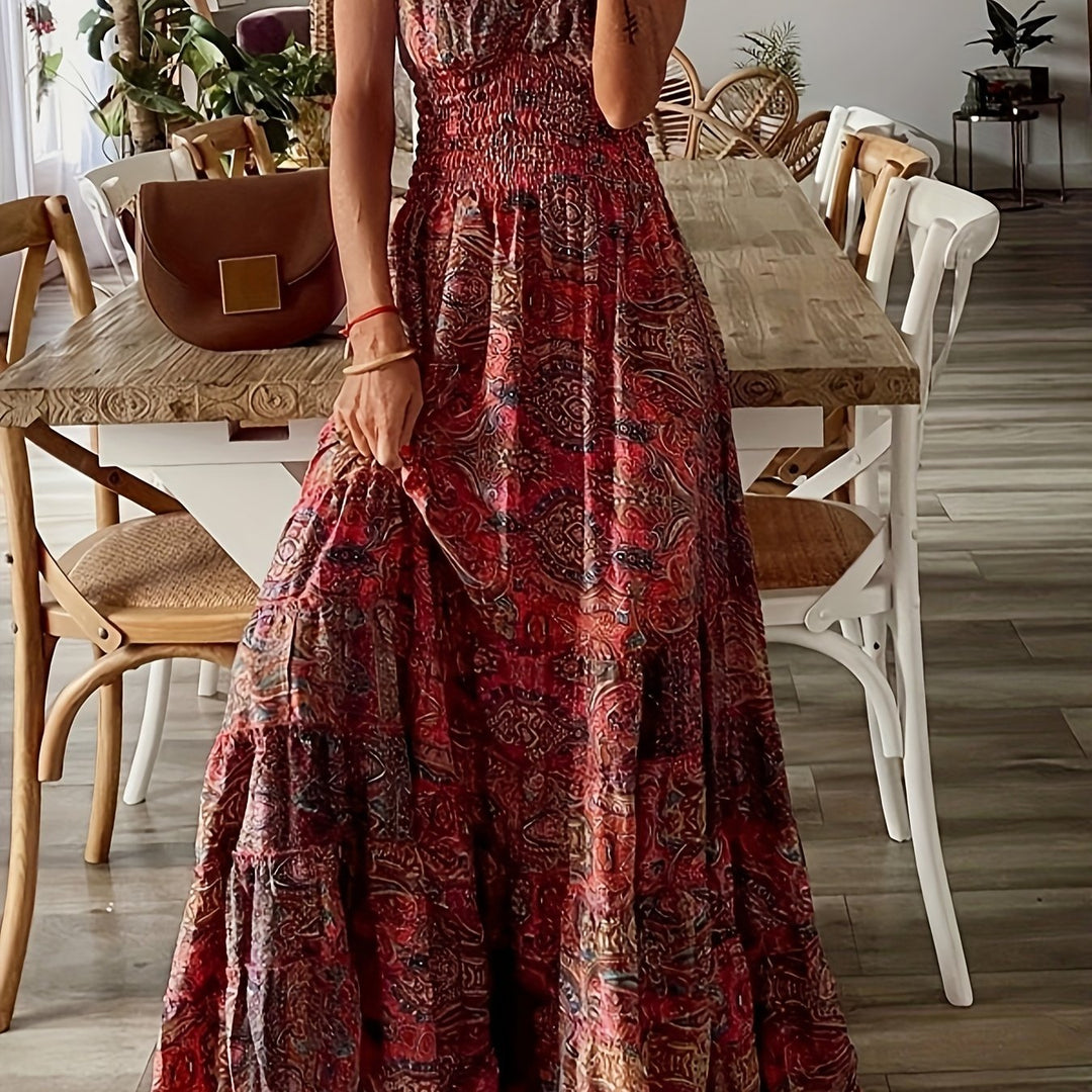 Joanne-Paisley Print Ruched Trim V-Neck Maxi Dress