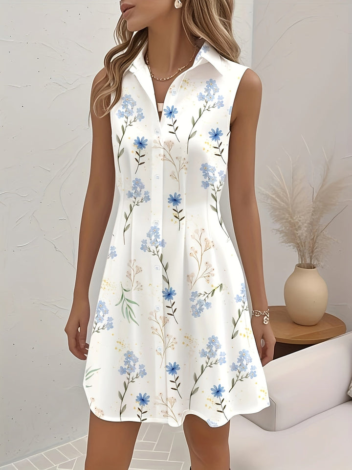 Bliss- Floral Print Collarless Sleeveless Button-Up Shirt Dress