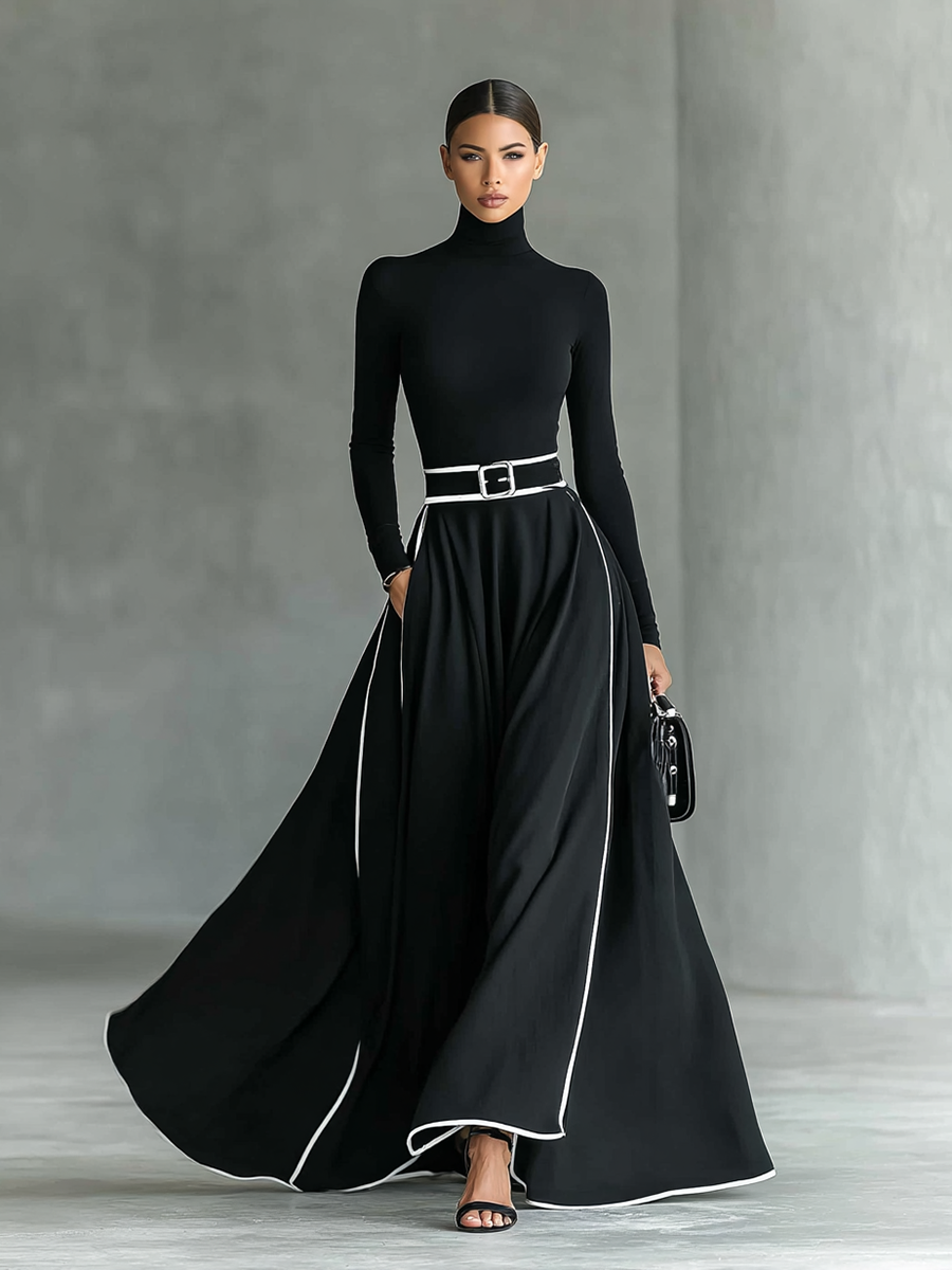 Alana™ Black Stitching White Trim High Collar Long Sleeve Tight Belt Maxi Dress