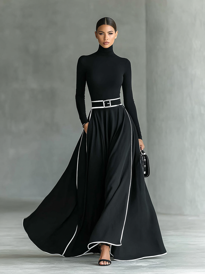 Alana™ Black Stitching White Trim High Collar Long Sleeve Tight Belt Maxi Dress