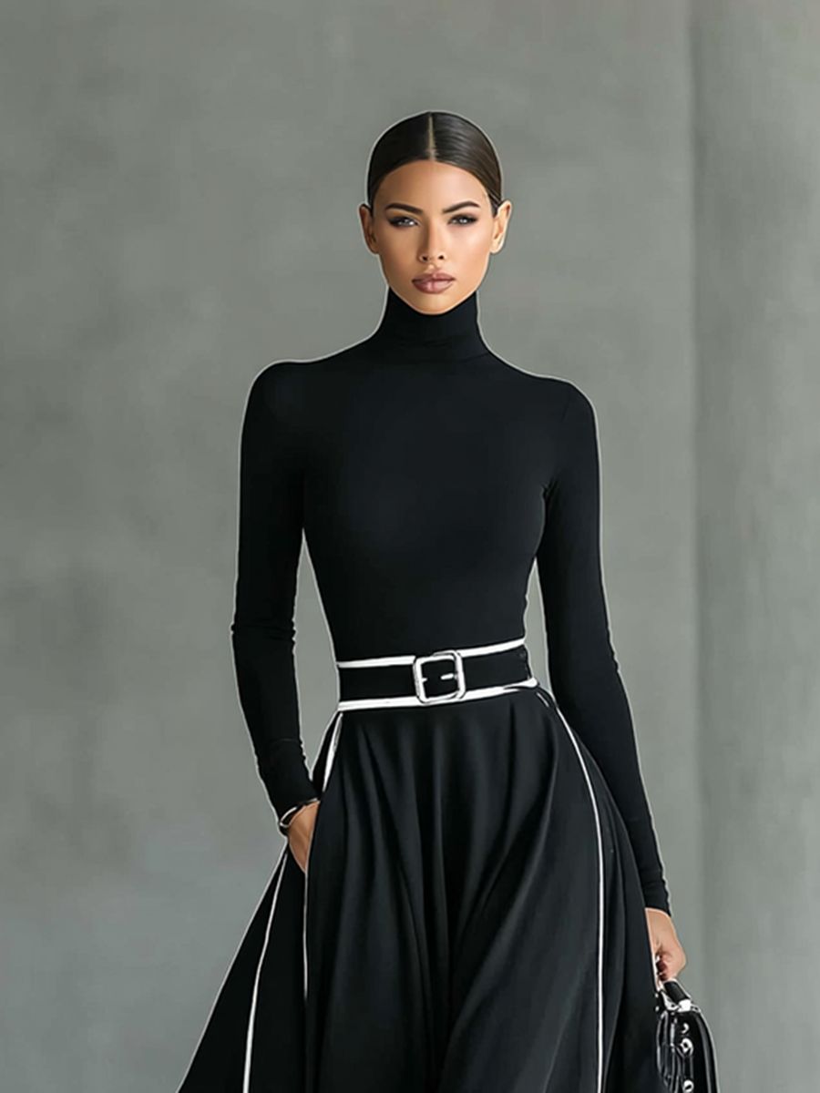 Alana™ Black Stitching White Trim High Collar Long Sleeve Tight Belt Maxi Dress