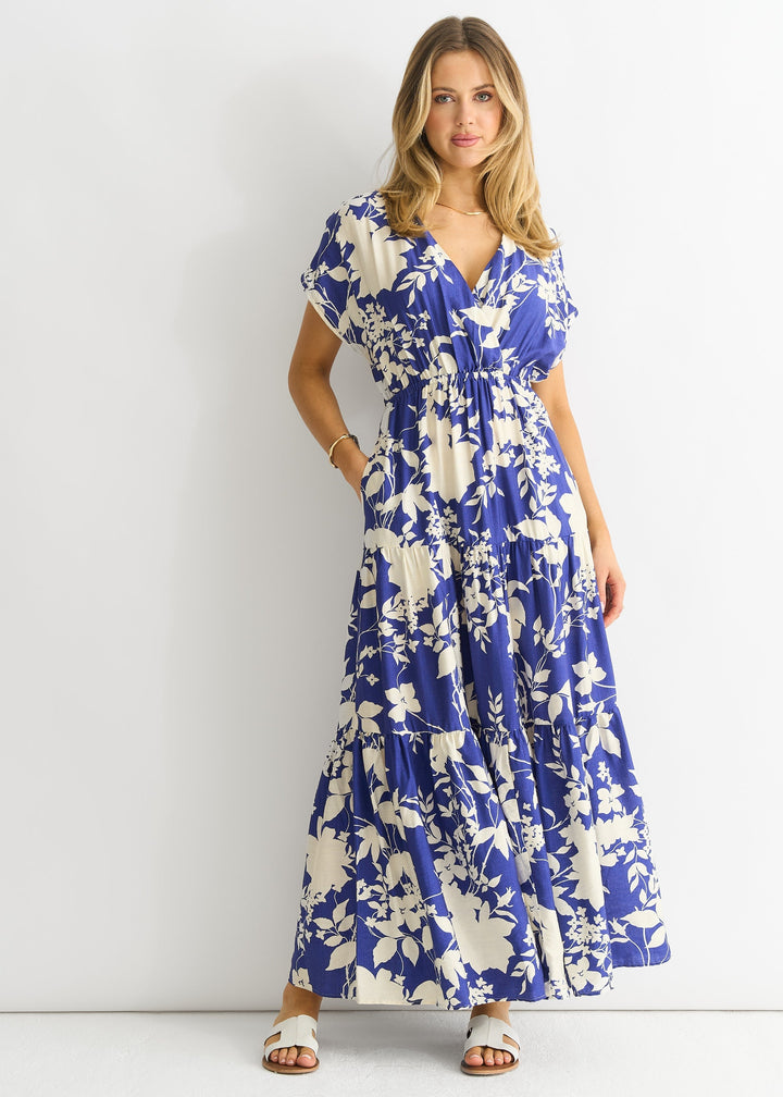 Blue Floral Elastic Waist Maxi Dress