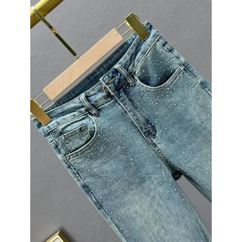 Elegant Slim Fit Jeans With Rhinestones