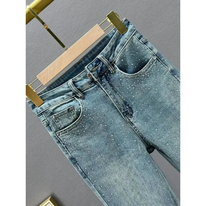 Elegant Slim Fit Jeans With Rhinestones
