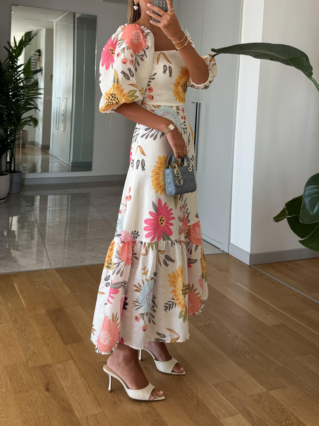 Square Neck Floral Print Puff Sleeve Midi Dress
