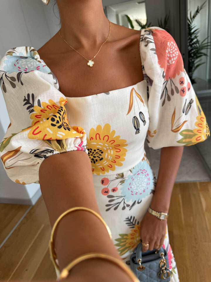 Square Neck Floral Print Puff Sleeve Midi Dress