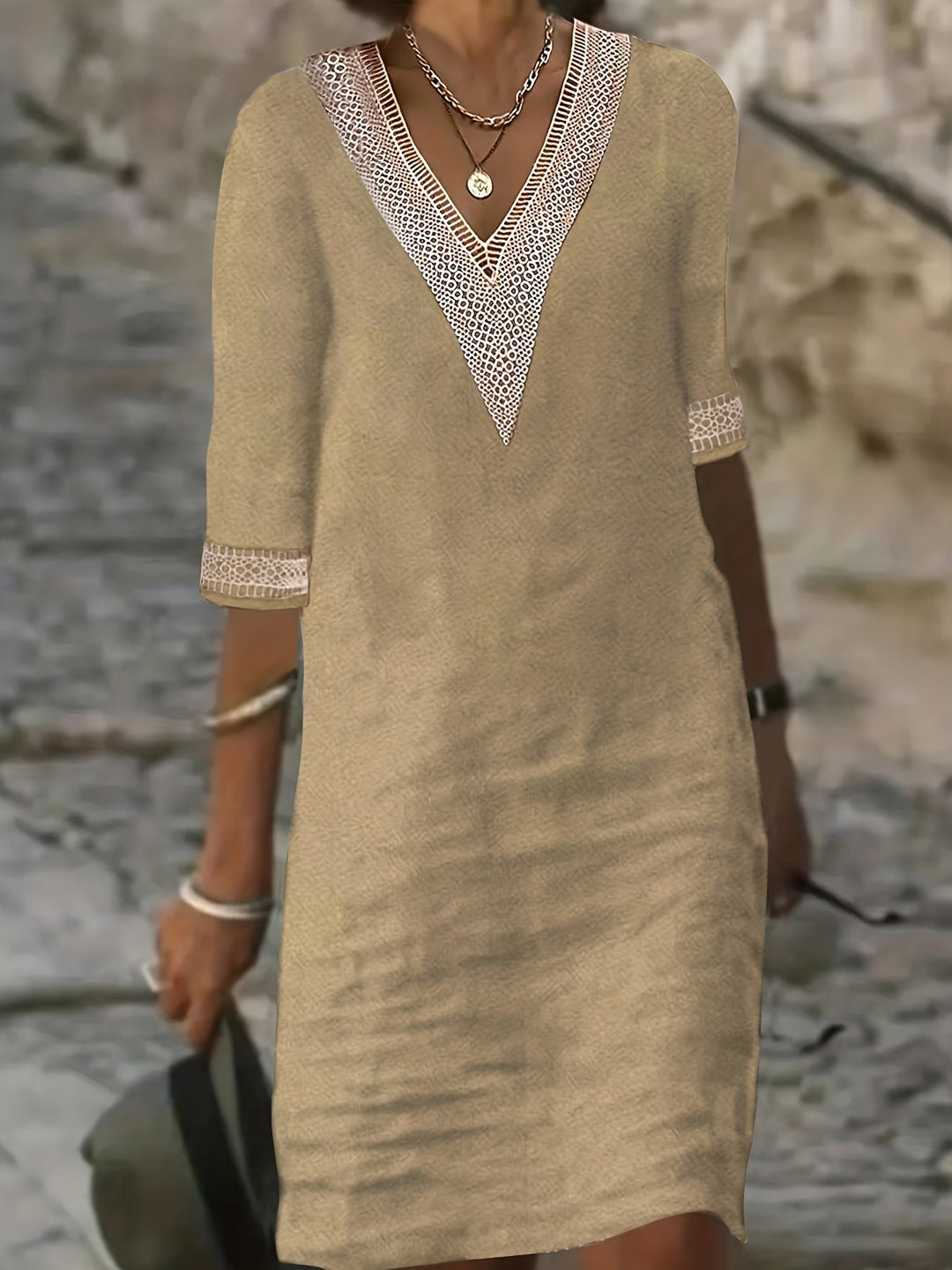 Wendy-V-Neck Lace Half-Sleeve Dress